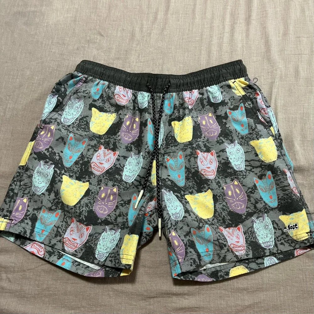 LOST Swim shorts all over cat print design Size small no mesh inside surf board